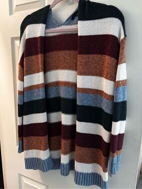 American Eagle Striped Open Front Cardigan in Burgundy, Rust, Blue, Black, Cream
